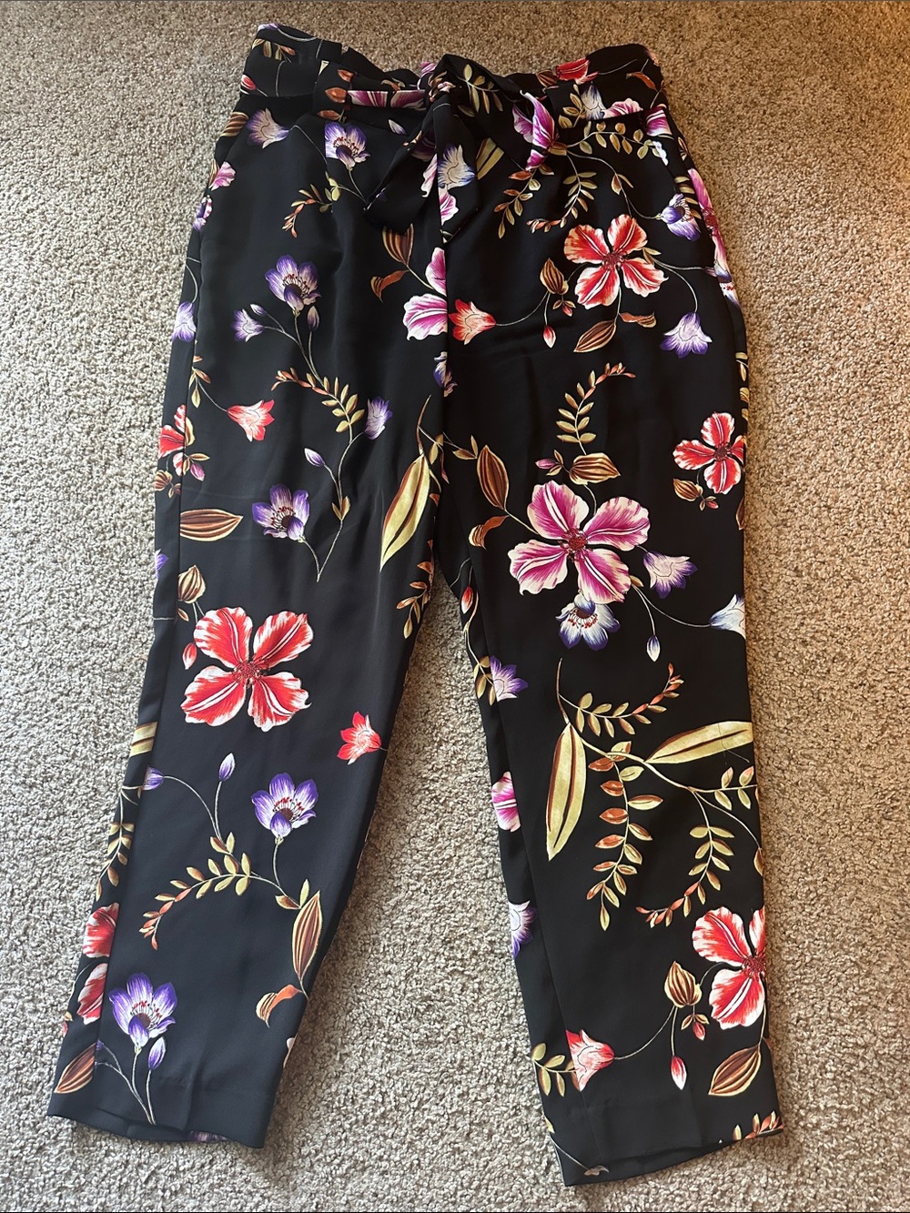 Express Black Floral High-Rise Tie-Waist Trousers